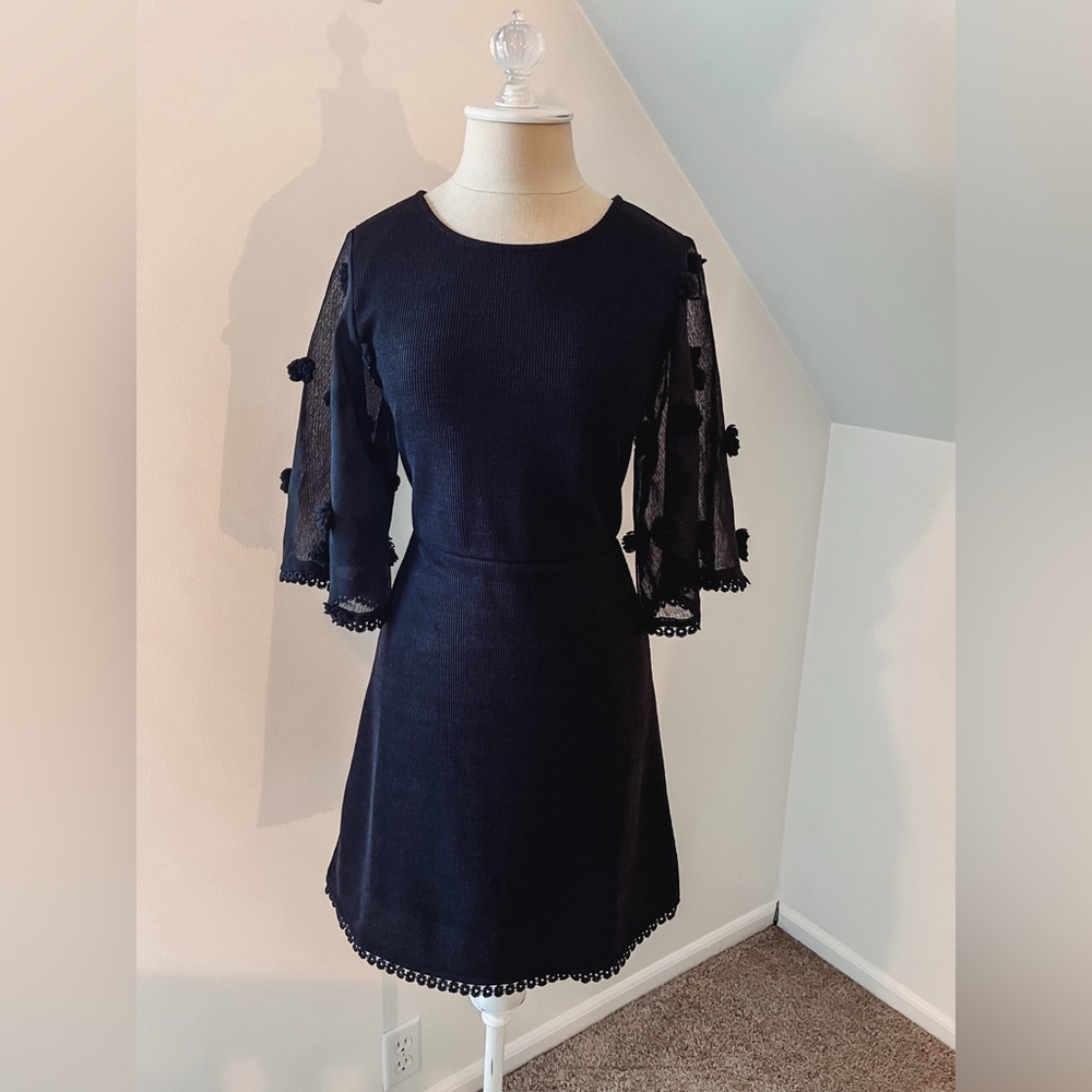NWT THML Black Dress with Sheer Polka Dot Sleeves